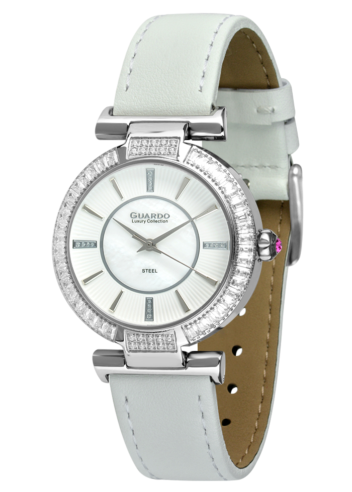 Damski zegarek na skórzanym pasku białego koloru Guardo Luxury S03003-2