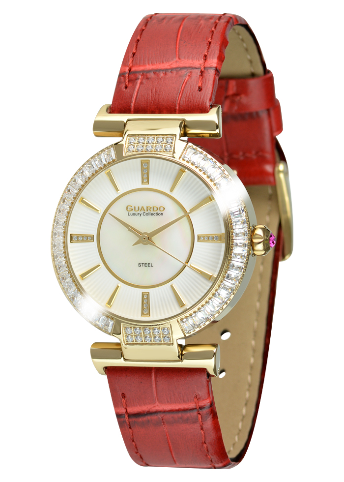 Damski zegarek na skórzanym pasku czerwonego koloru Guardo Luxury S03003-3